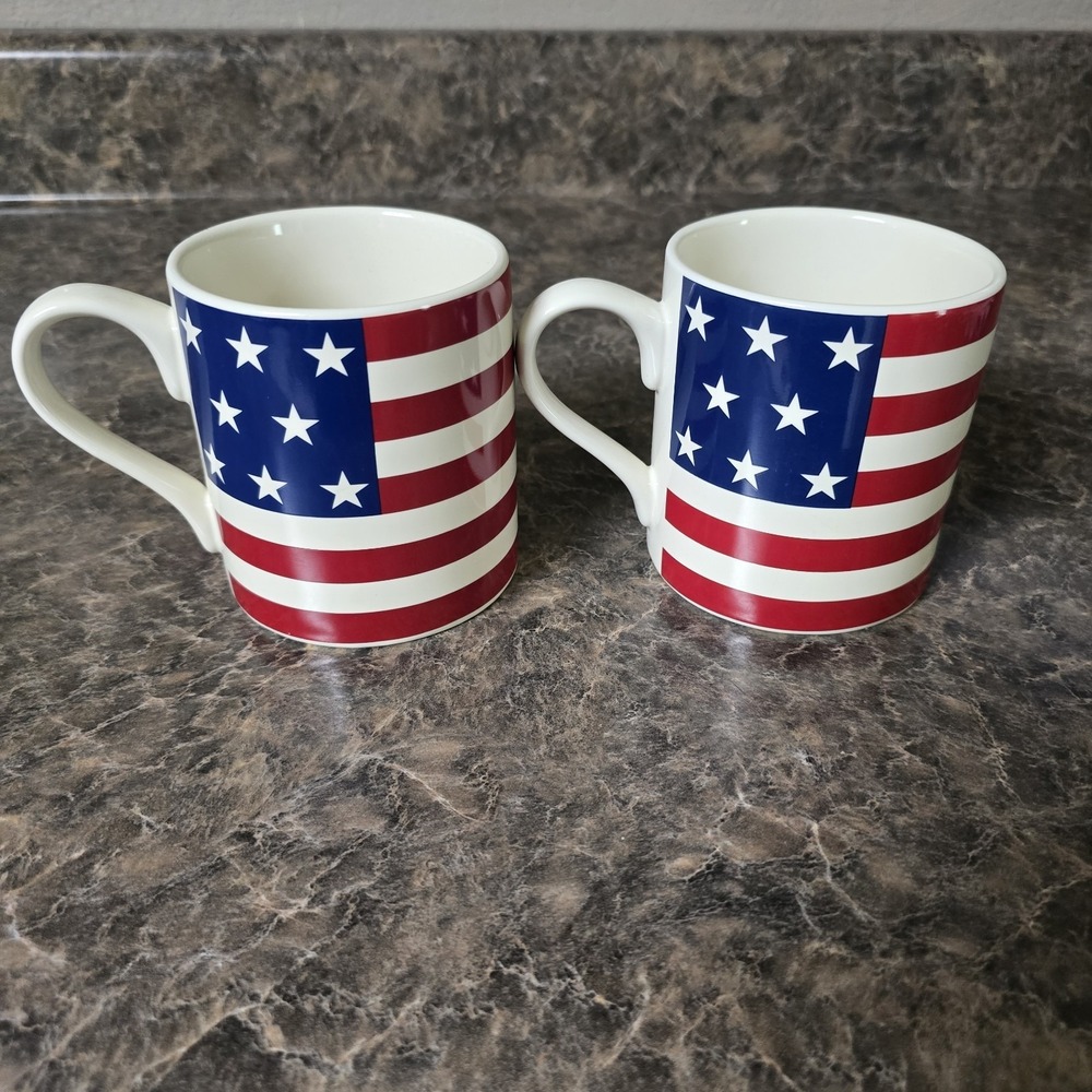Ralph Lauren Hampton's USA Flag Coffee Mugs Red White Blue Patriotic Vintage